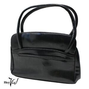 Vintage Large Black Handbag Purse Double Handle Flat Bottom 12x8.5" - Hey Viv